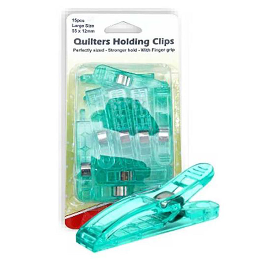 Quilter's Holding Clips (Large) 55 x 12mm 15pcs - green clips in hang sell pack