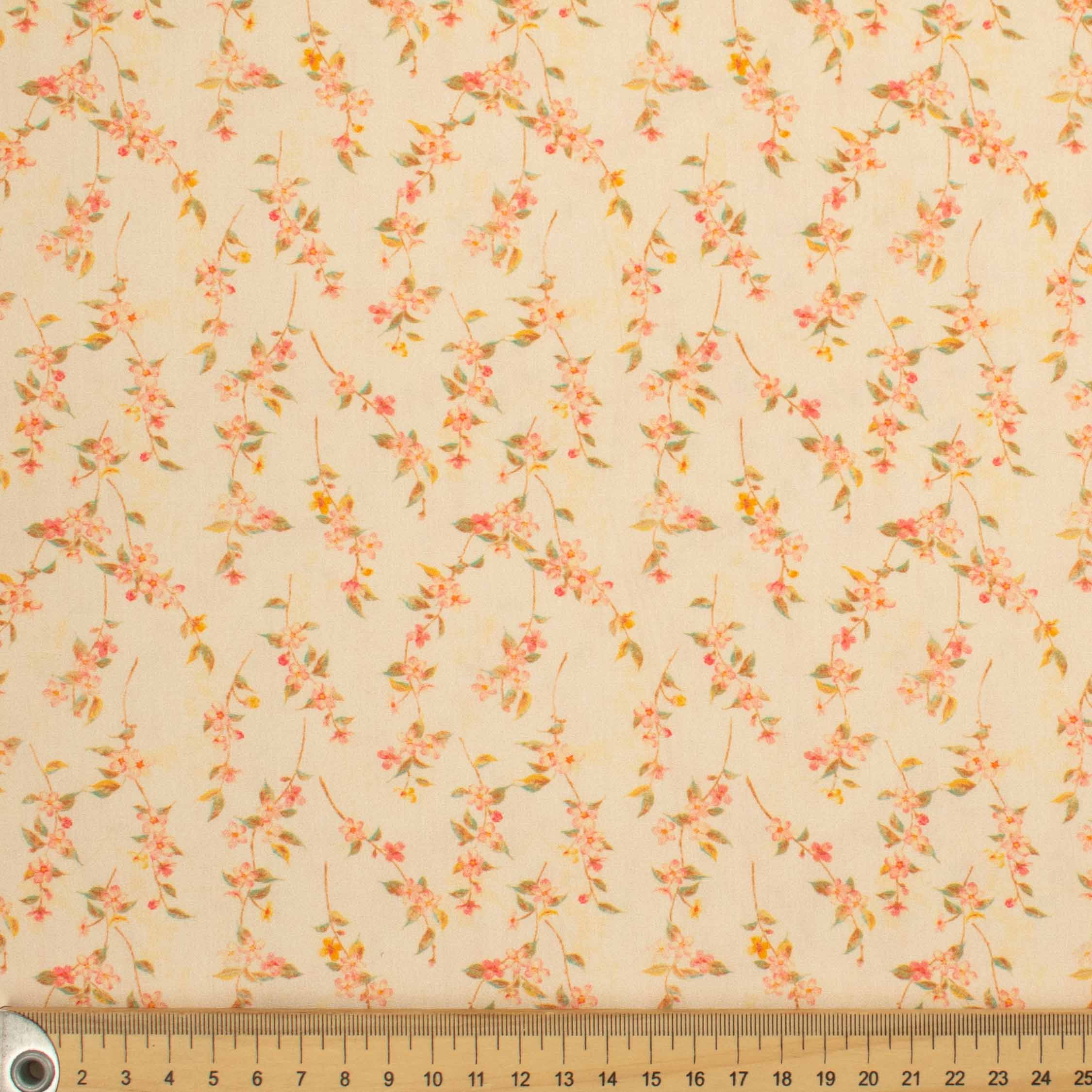 Ruby Red Collection #13 Small Pink Floral & Leaves on Pale Yellow Cotton Prints