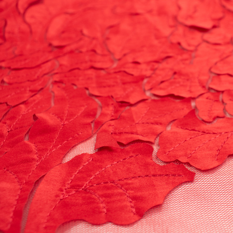 Satin Flower Applique on Tulle Red