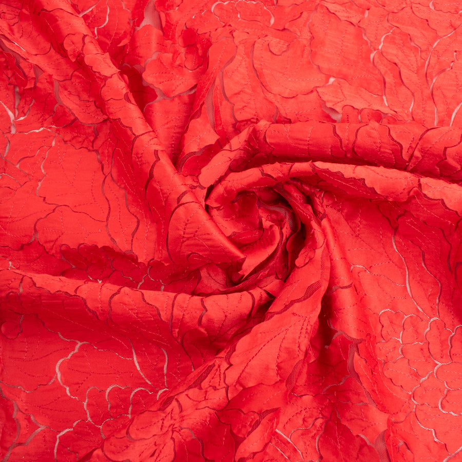 Satin Flower Applique on Tulle Red