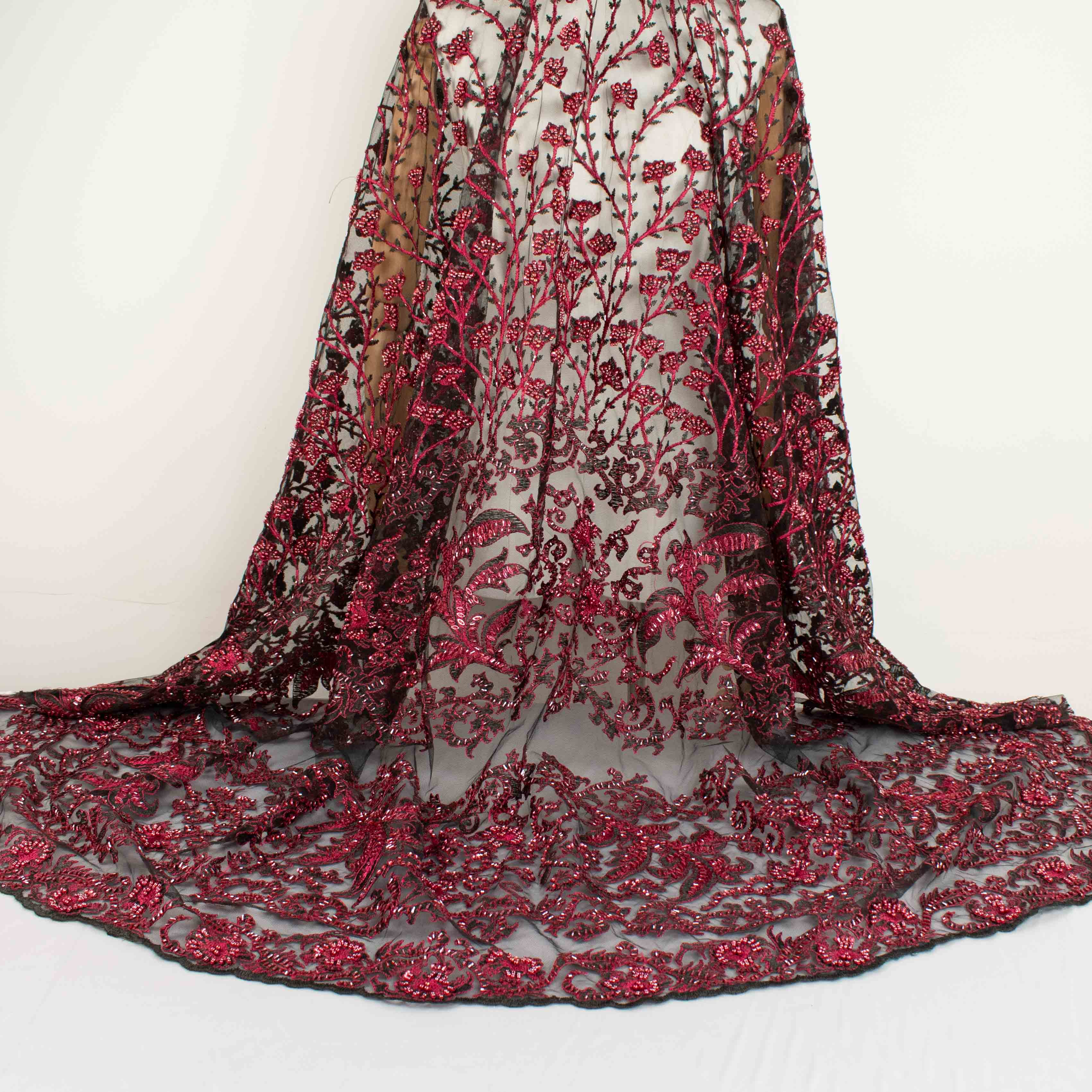 Seed Pearl Sequin Chantilly Lace Burgundy