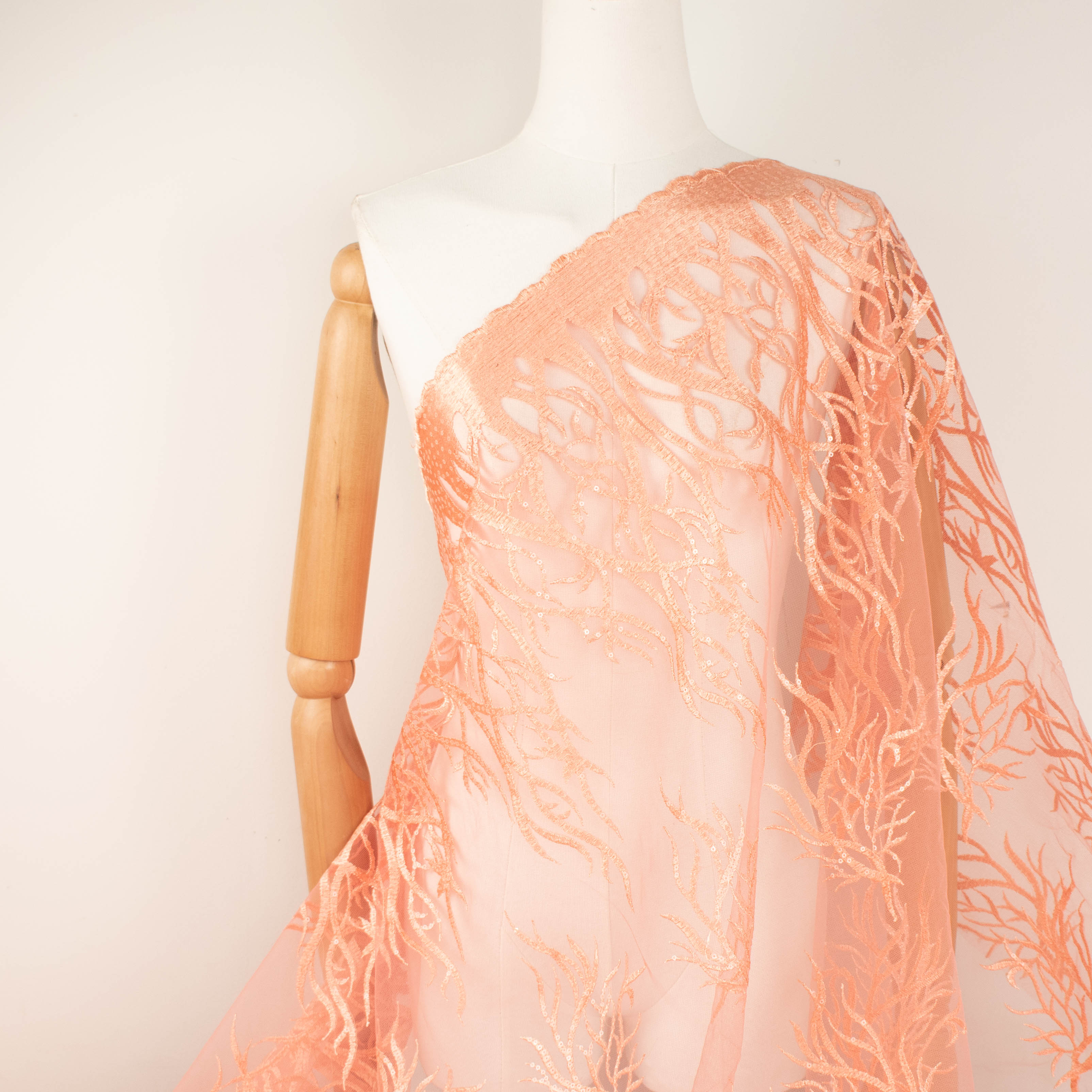 Sequin Coral Embroidered Lace Orange