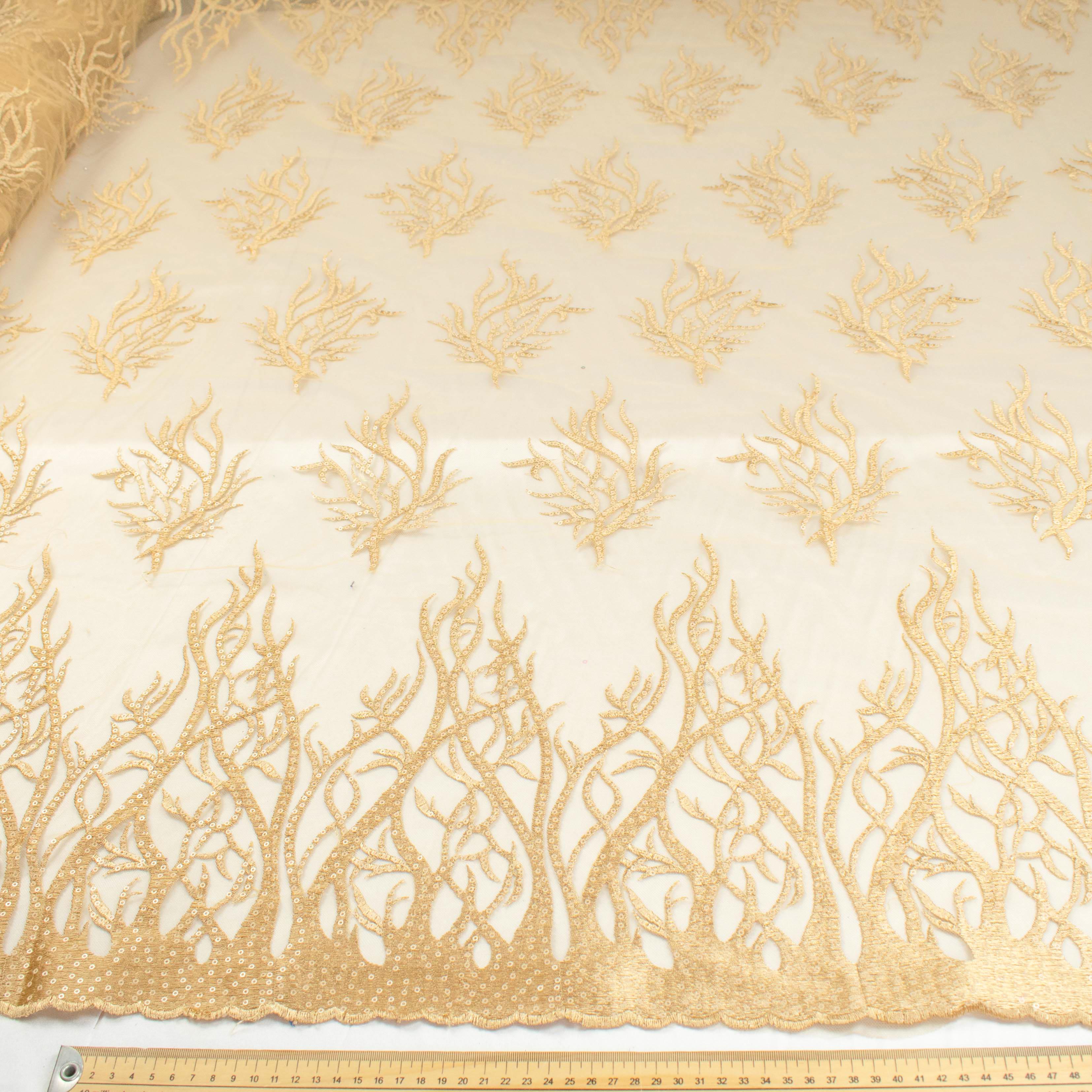 Sequin Coral Embroidered Lace Gold