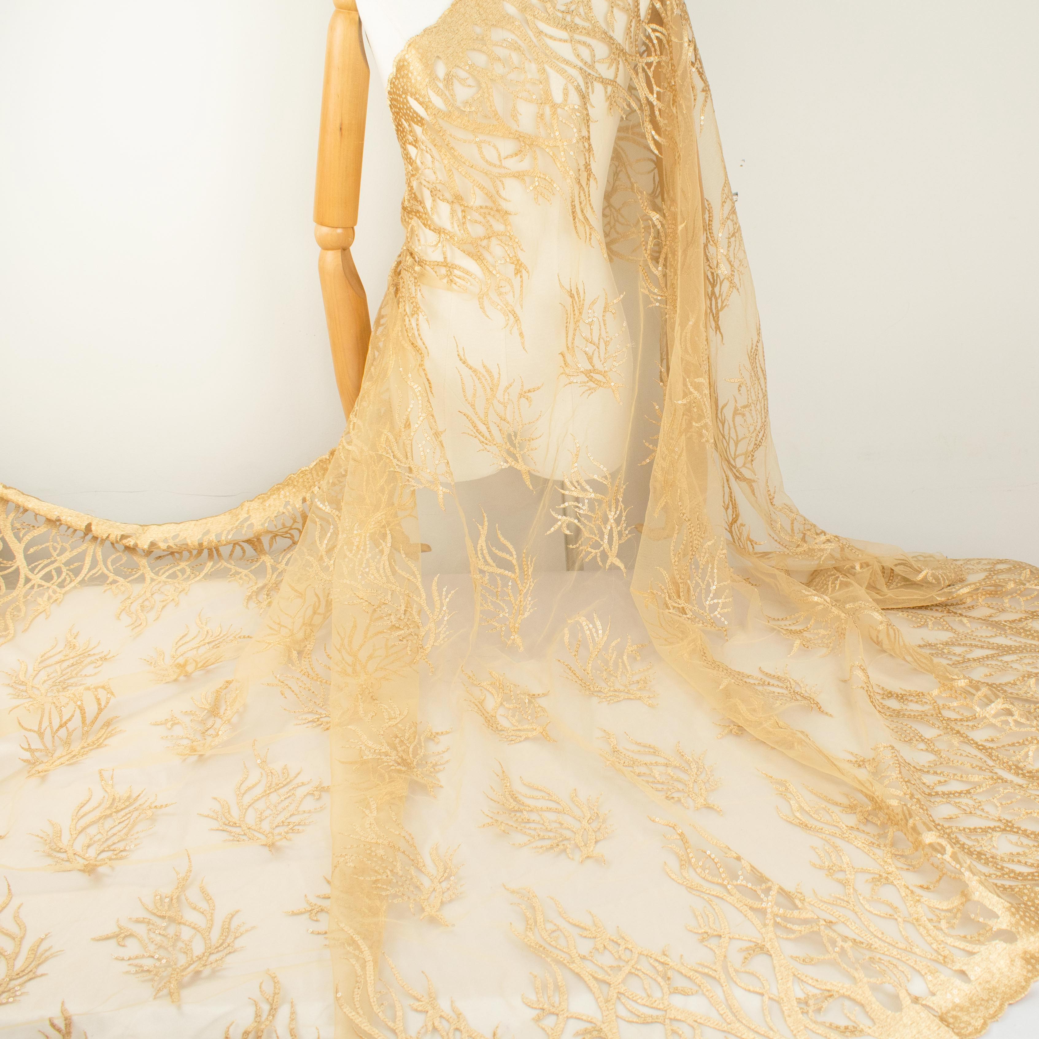 Sequin Coral Embroidered Lace Gold