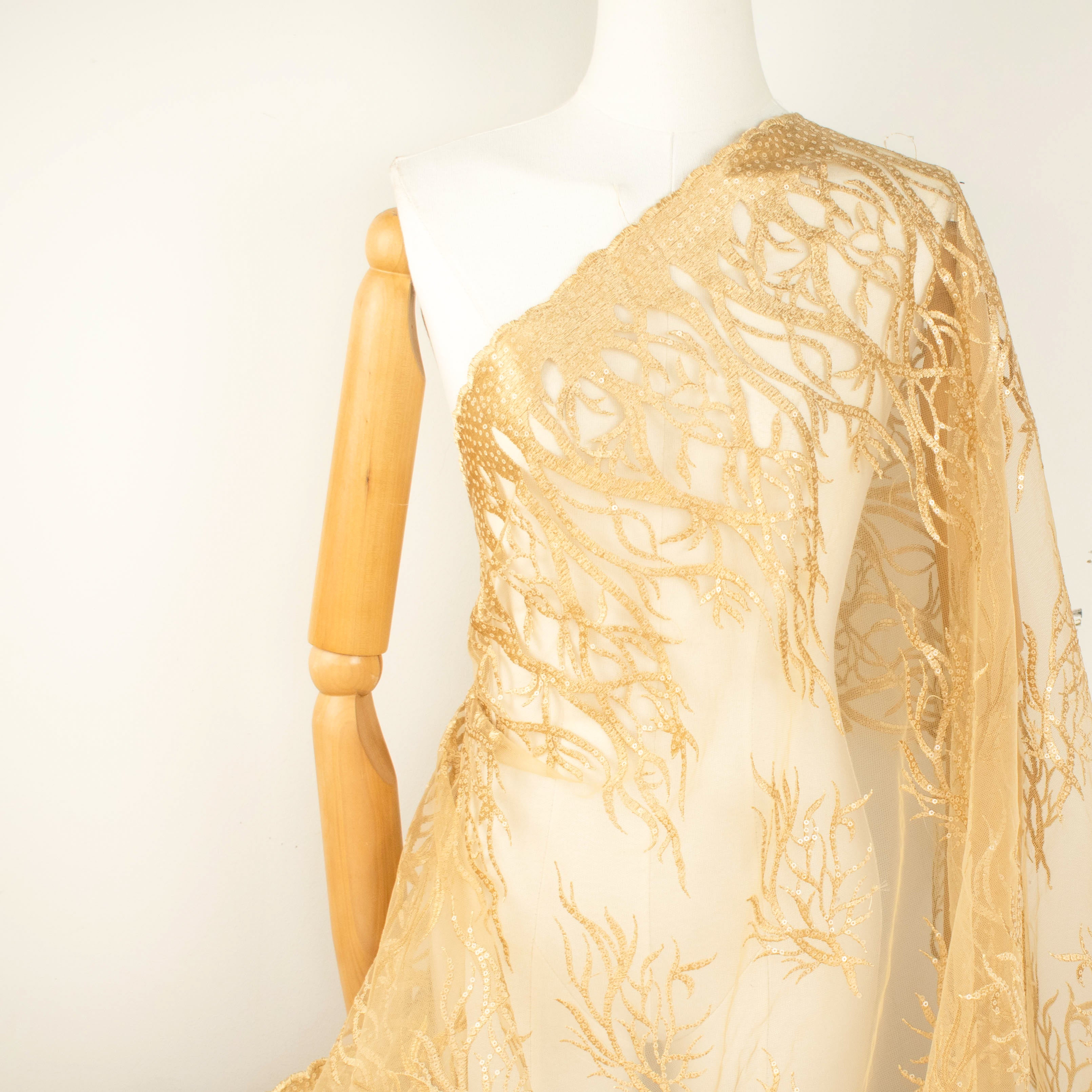 Sequin Coral Embroidered Lace Gold