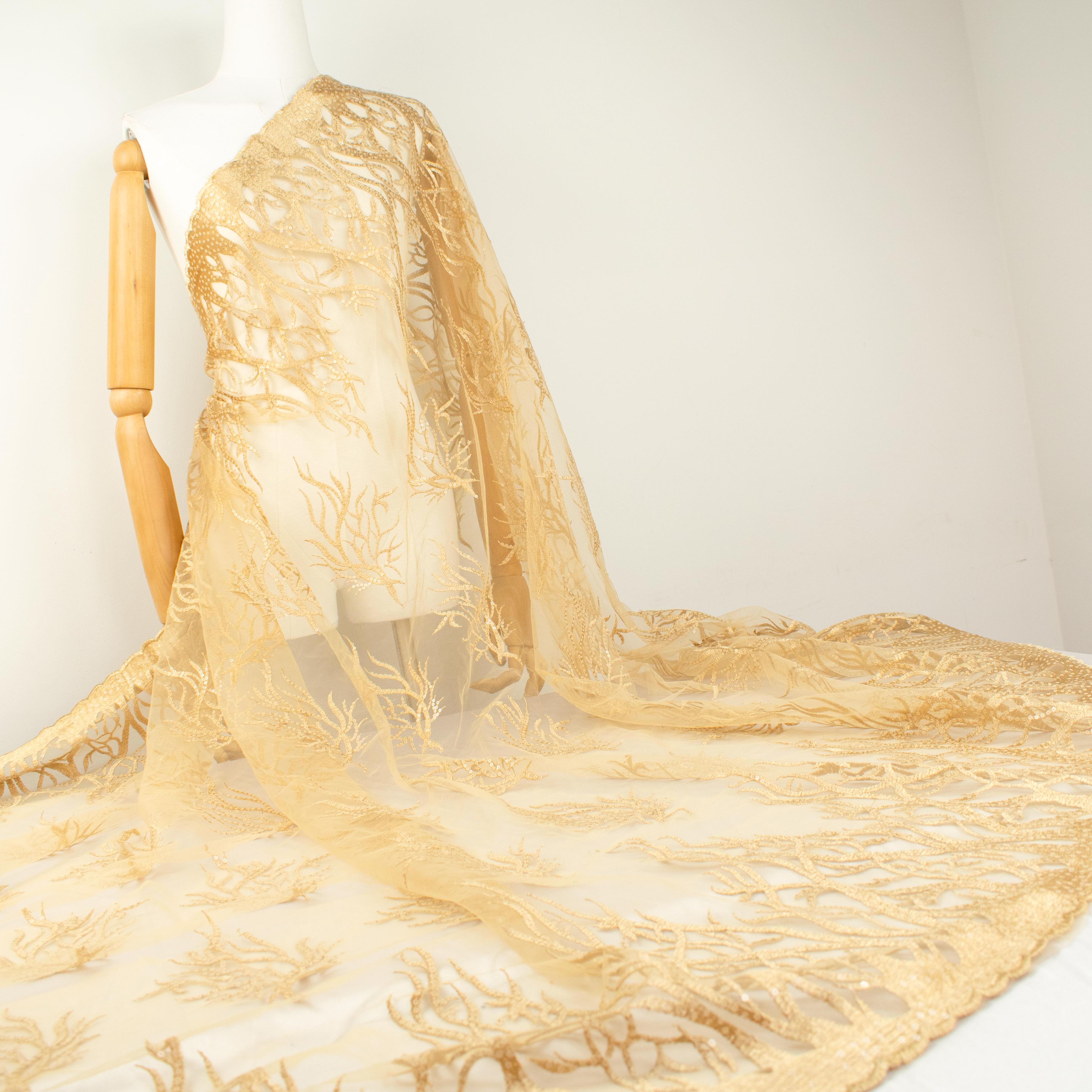 Sequin Coral Embroidered Lace Gold