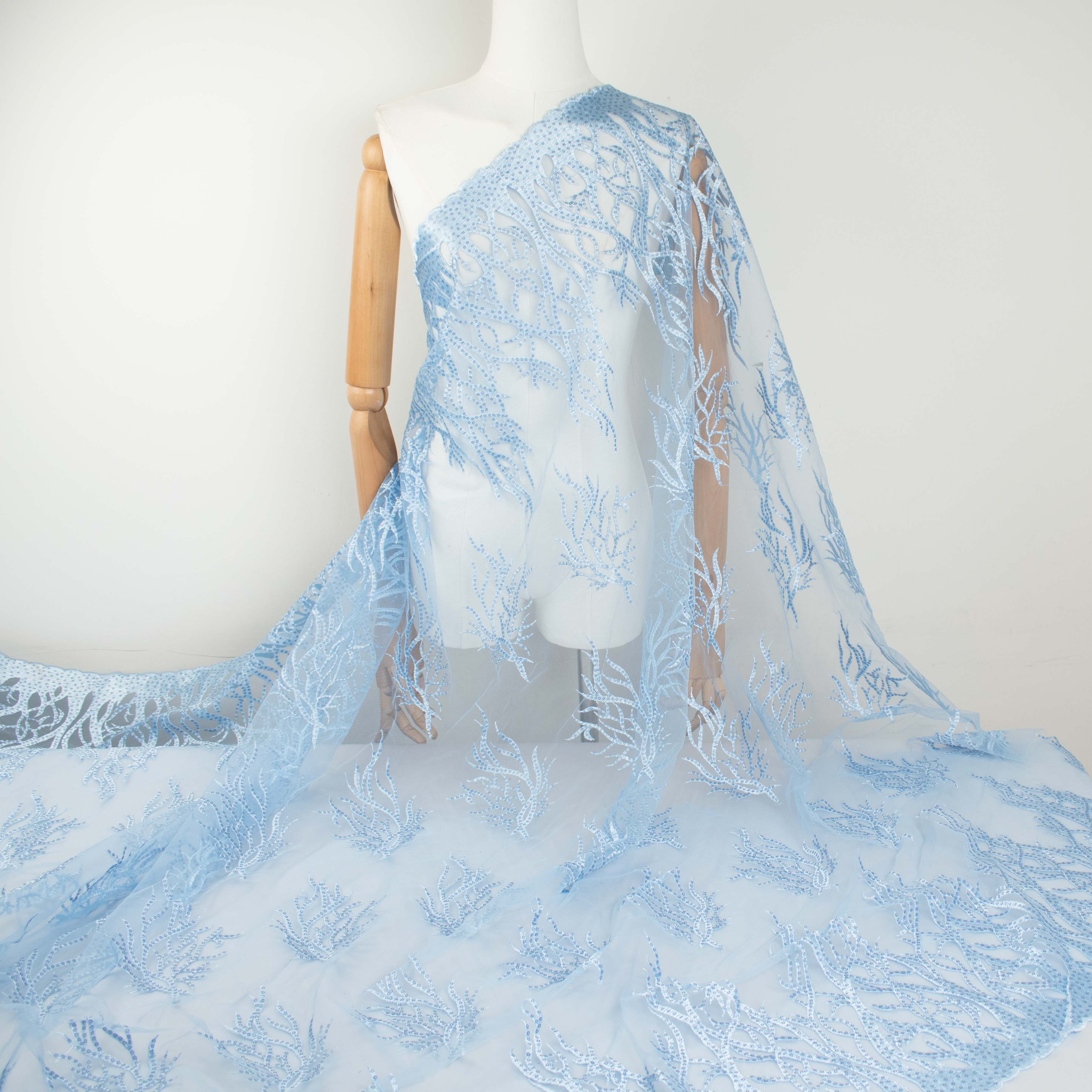 Sequin Coral Embroidered Lace Blue