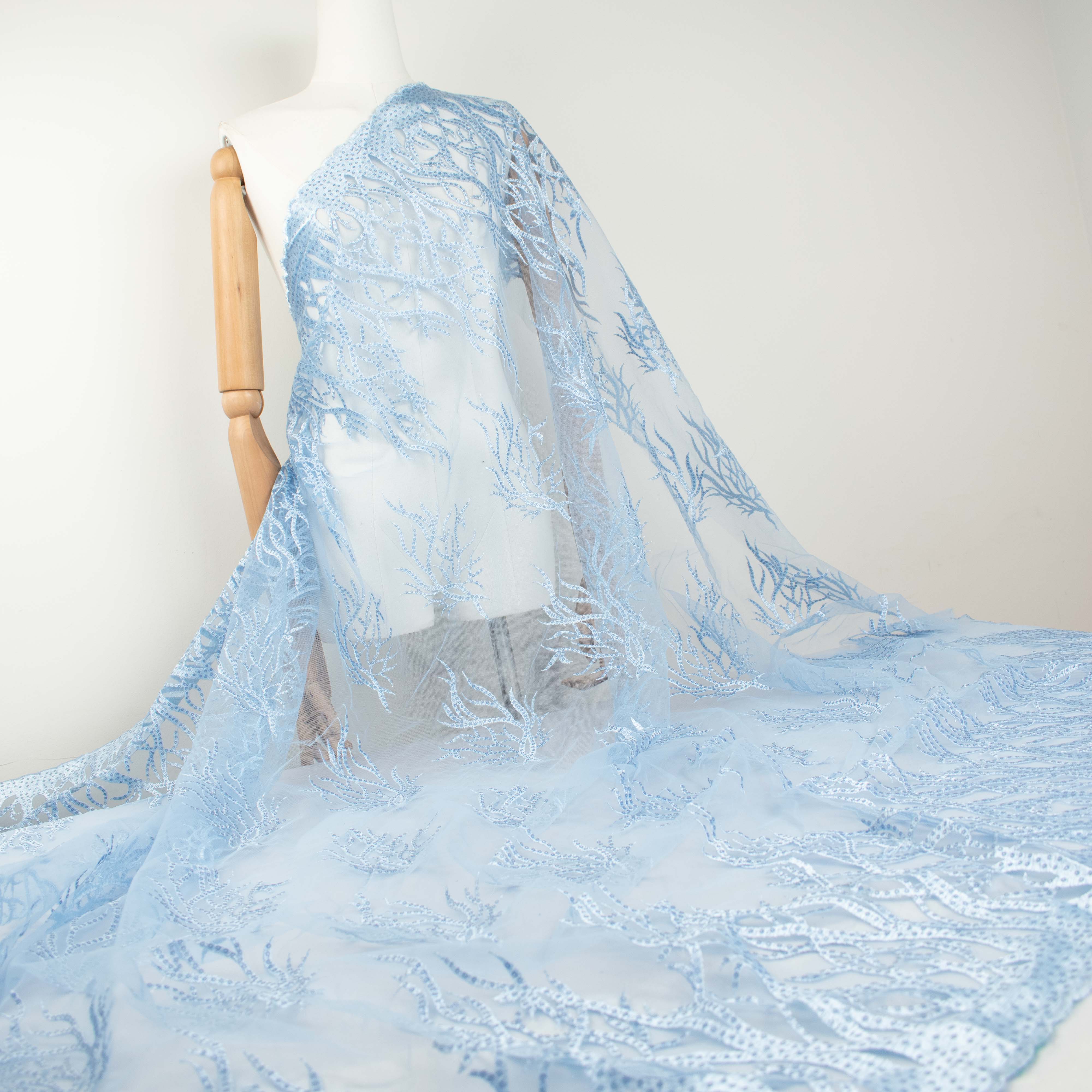 Sequin Coral Embroidered Lace Blue