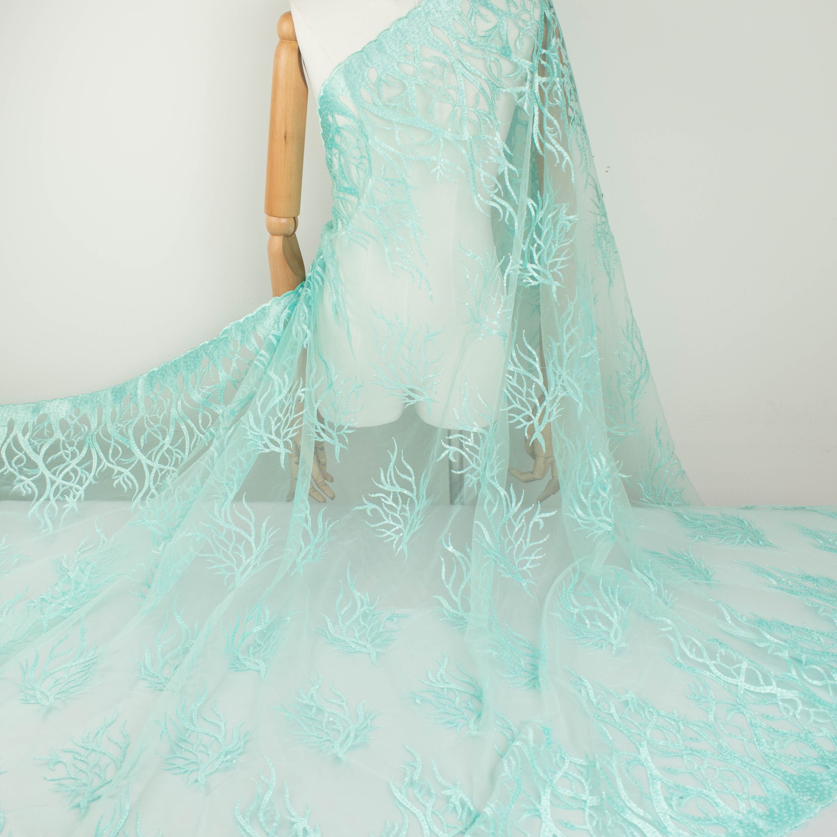 Sequin Coral Embroidered Lace Mint