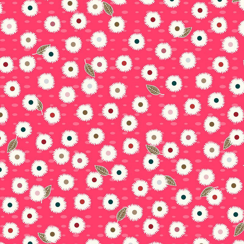 Stof Fabrics Flower And Dot Pink Daisies and Leaves Cotton Prints