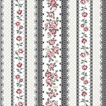 Stof Fabrics Ruby Rose Black Roses and Lace Stripe on White Cotton Prints