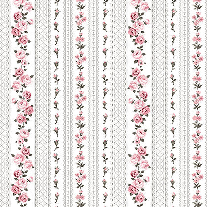 Stof Fabrics Amy Roses Pink Floral on White Cotton Prints