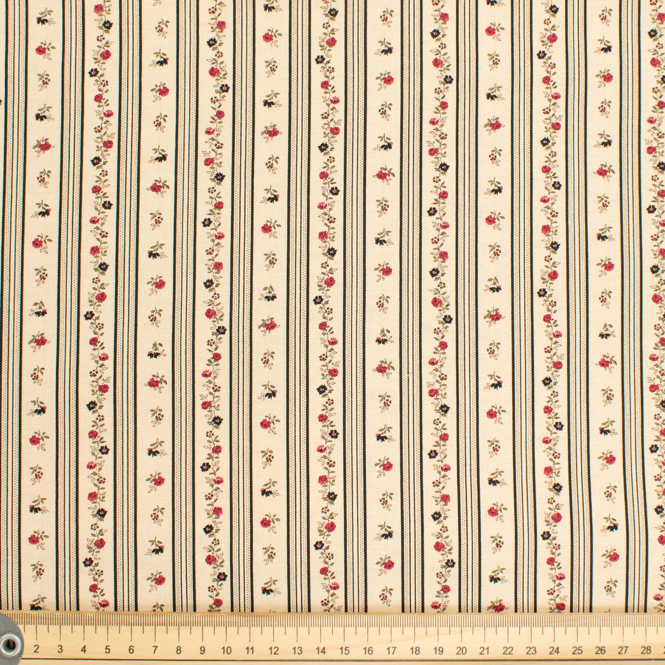 Stof Fabrics Roses-11 Floral & Black Stripes on Cream Cotton Prints