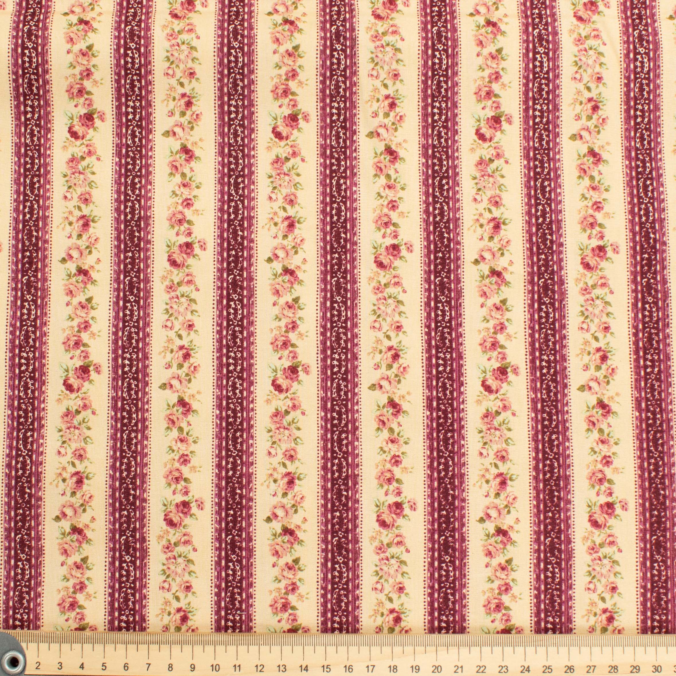 Stof Fabrics Roses-2 Floral on Cream & Red Stripes Cotton Prints