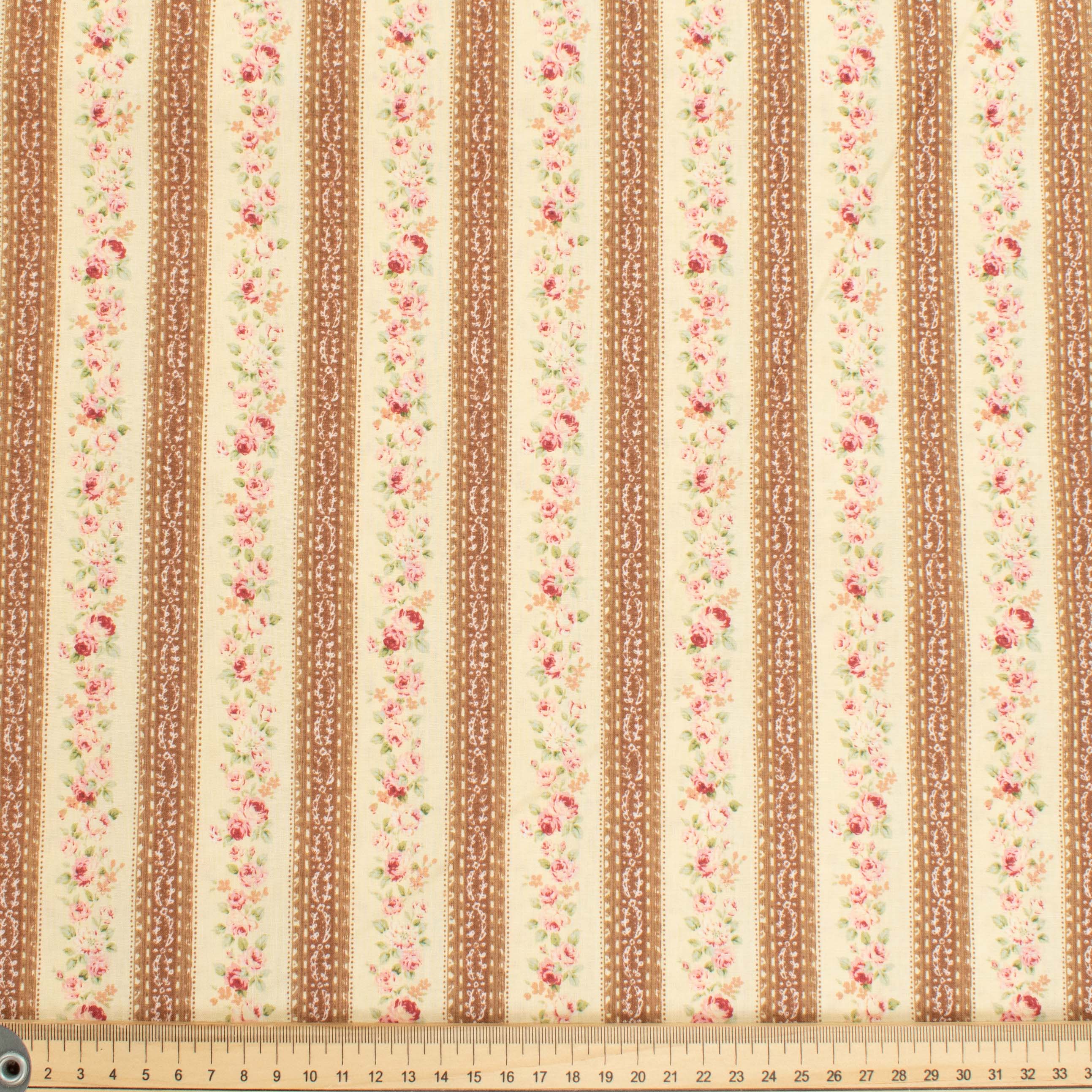 Stof Fabrics Roses-3 Floral on Cream & Latte Stripes Cotton Prints