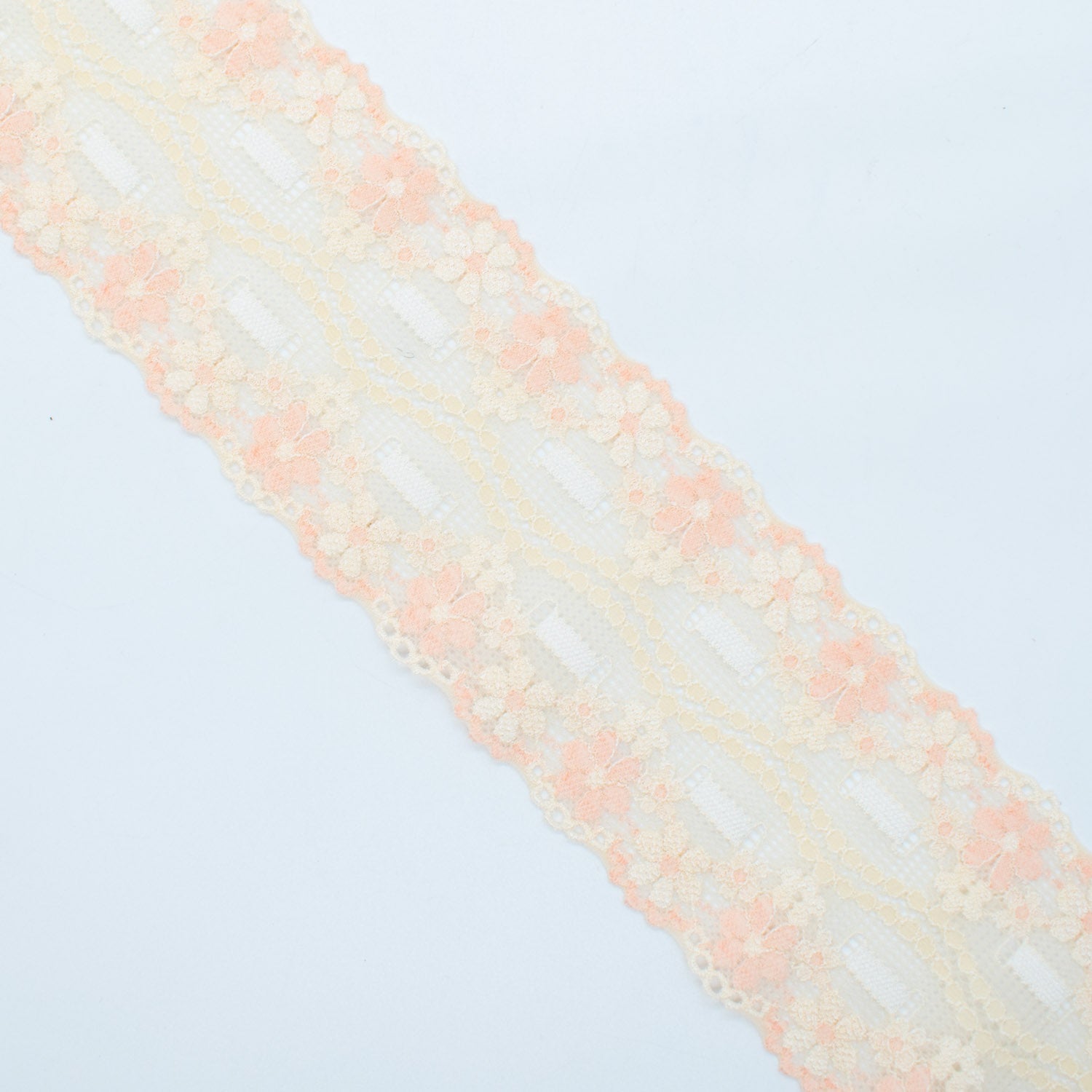 Floral Stretch Raschel Lace Trim 70mm Design-T8 Coral & Skin