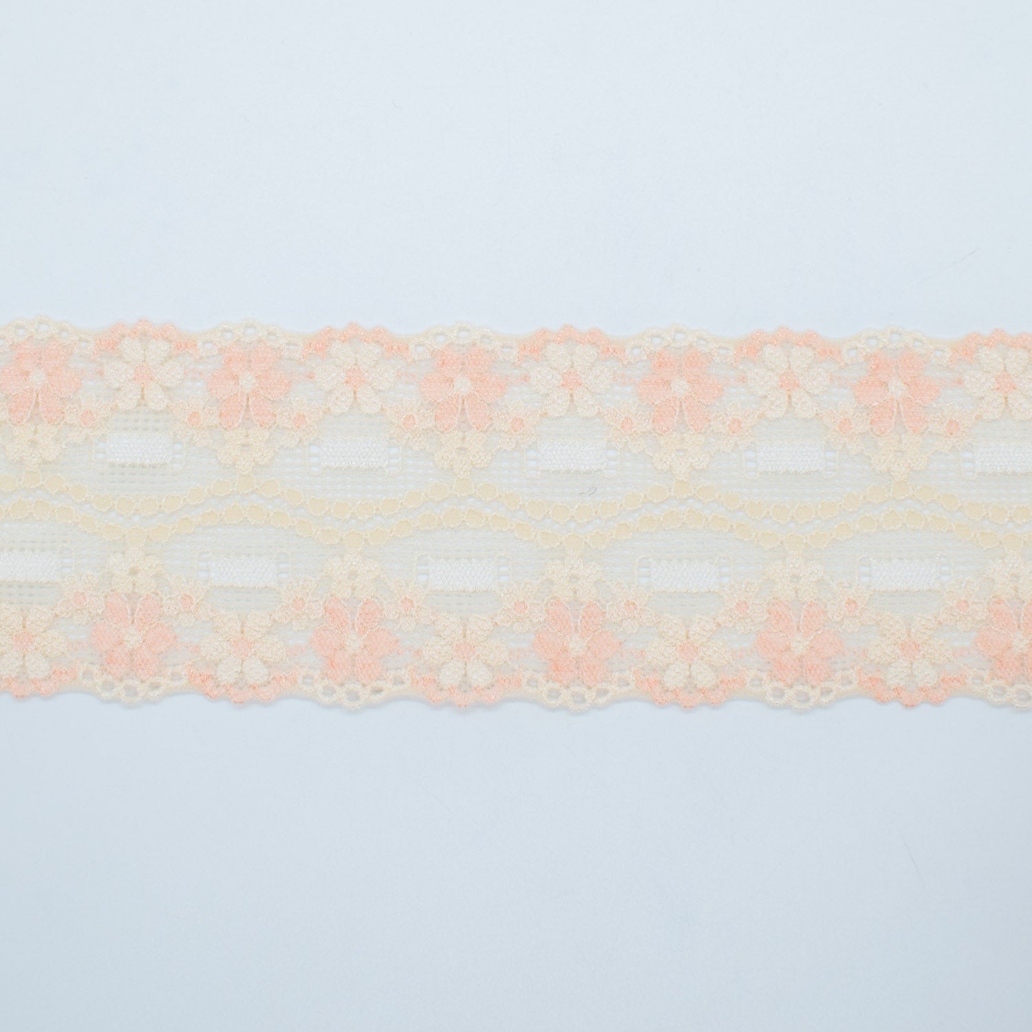 Floral Stretch Raschel Lace Trim 70mm Design-T8 Coral & Skin