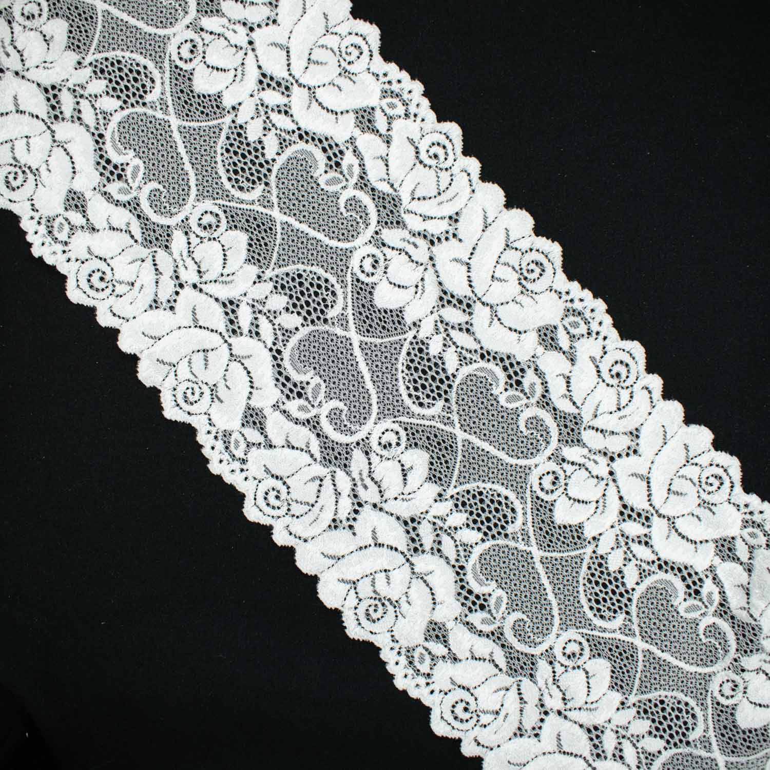 White Rose Vines Stretch Raschel Lace Trim 165mm