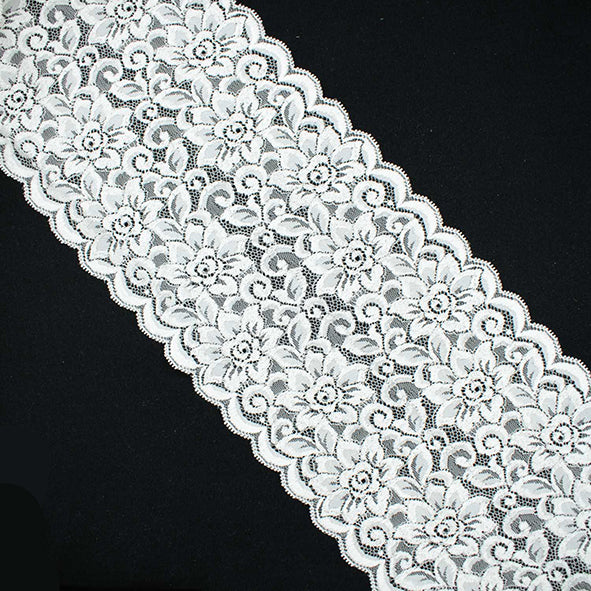 White Floral Bloom Stretch Raschel Lace Trim 165mm