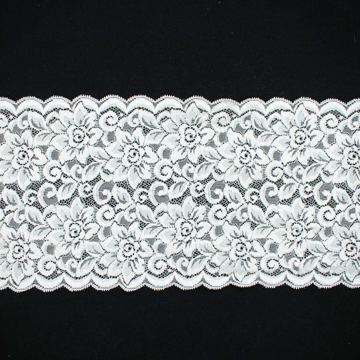 White Floral Bloom Stretch Raschel Lace Trim 165mm
