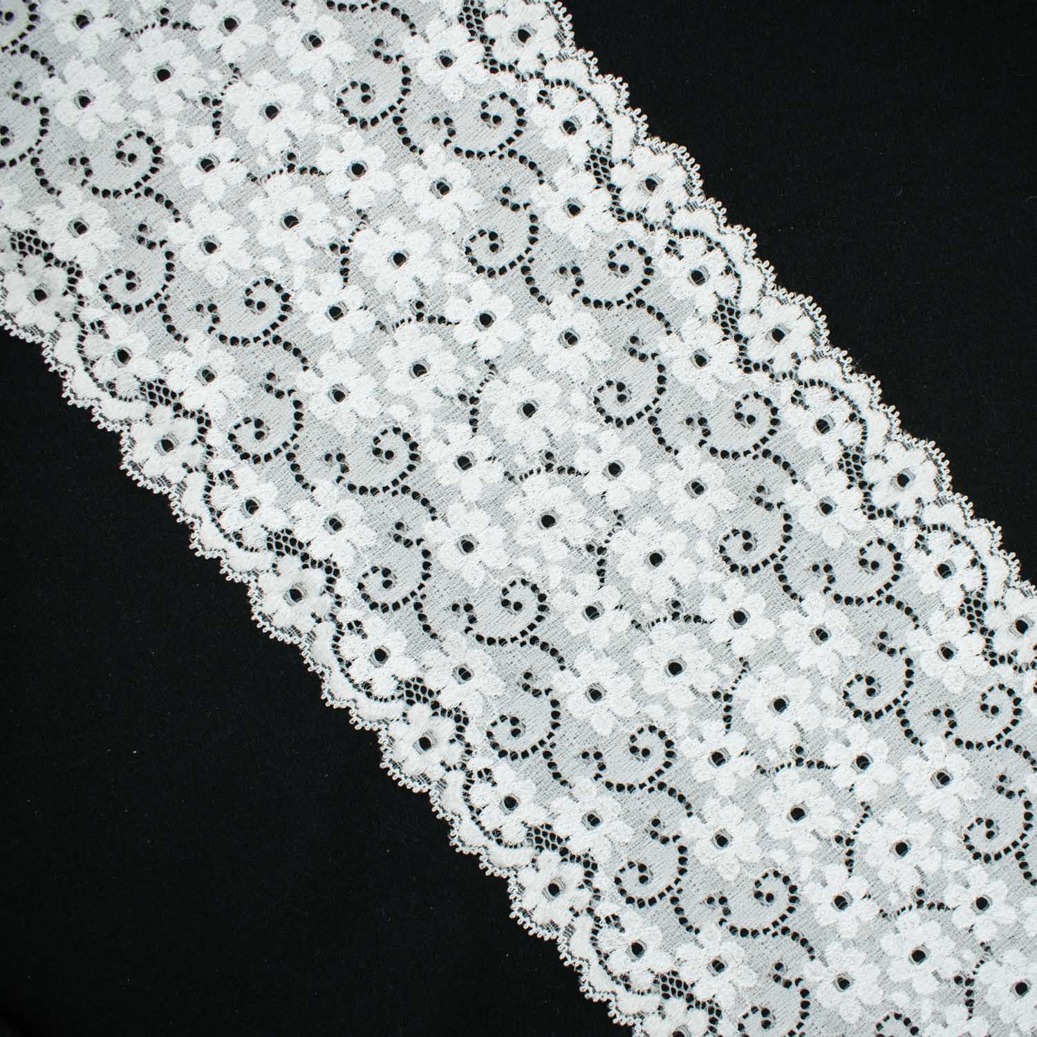 White Floral Vines Stretch Raschel Lace Trim 175mm