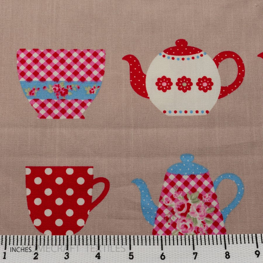 Teapot and Teacup Design Printed Cotton Canvas by Homecraft Textiles - Fabric Online Australia