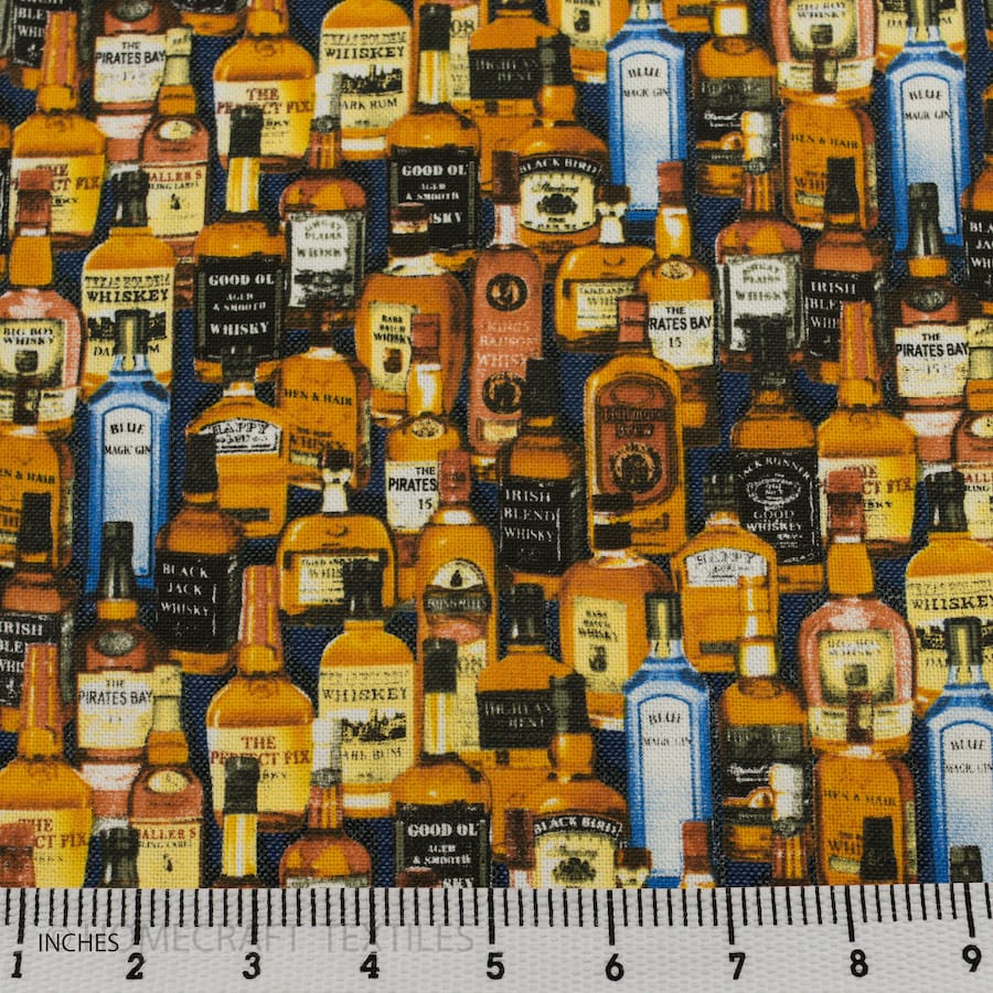 Whiskey Bottles Design Printed Cotton Canvas by Homecraft Textiles - Fabric Online Australia