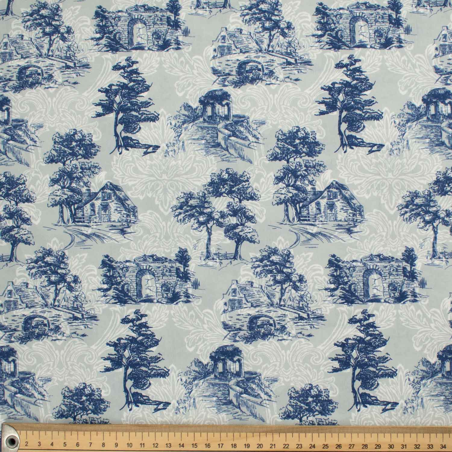 Victoria Blue Collection #05 Sketch Rural Scene on Grey Cotton Prints