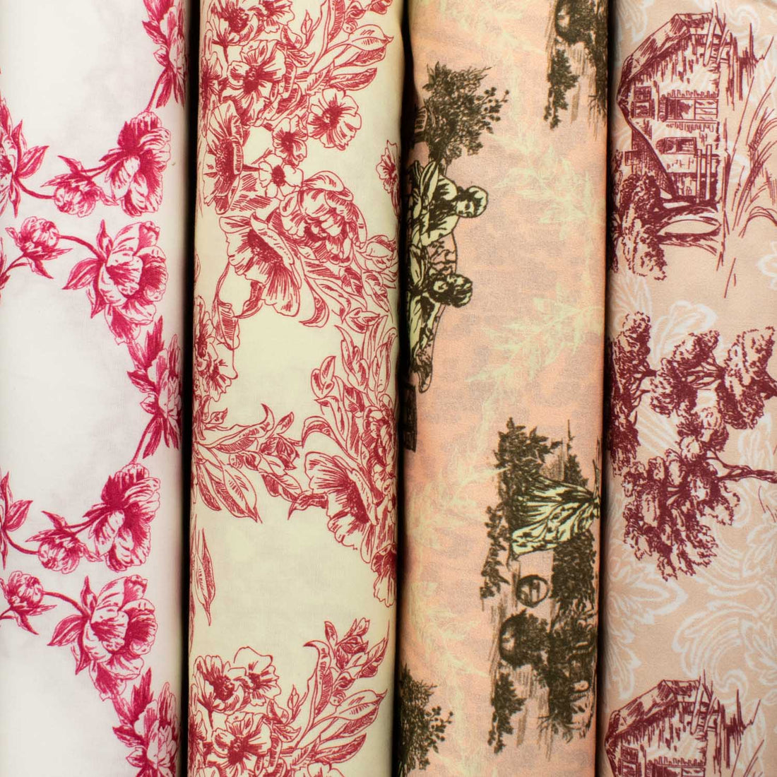 Victoria Red Collection #02 Pink Sketch Flowers on Cream Cotton Prints