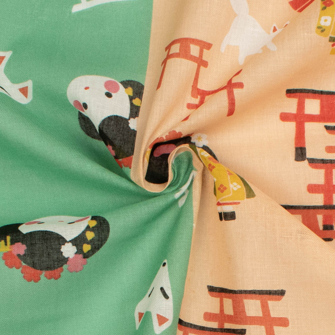 Border Printed Cotton Voile Design-14 Kimono Dolls on Green/Orange