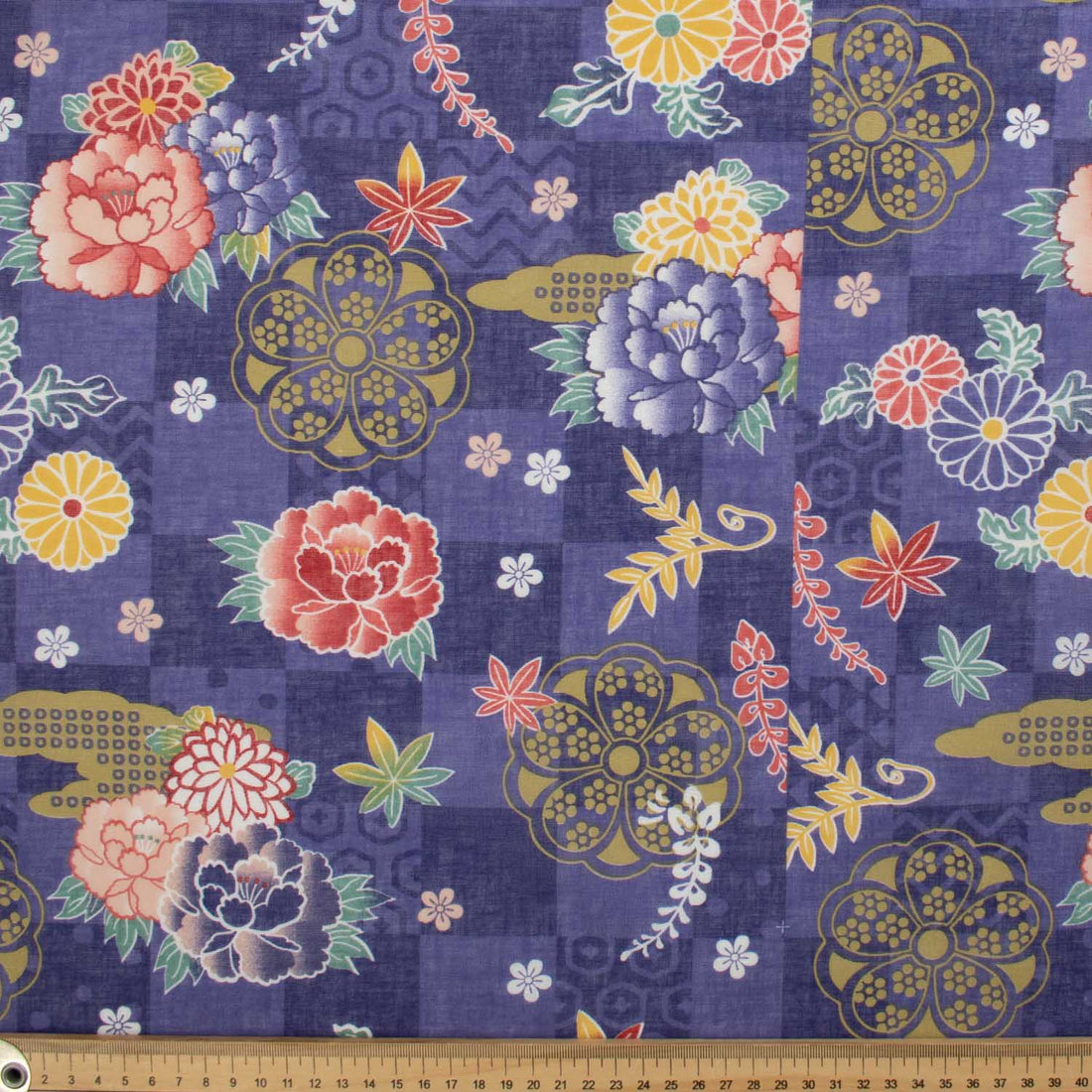 Border Printed Cotton Voile Design-4 Japanese Style Flowers on Purple Checks/Coral