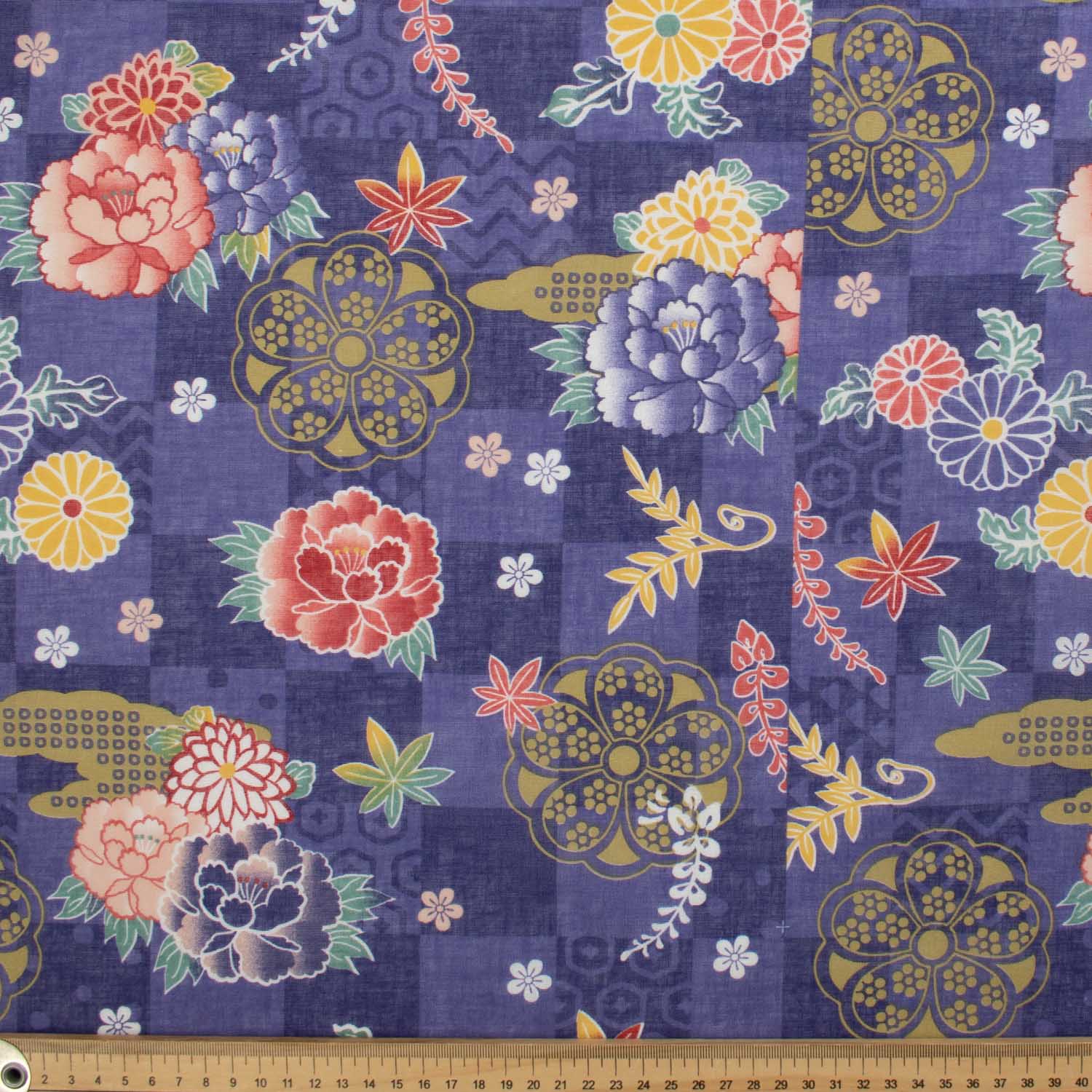 Border Printed Cotton Voile Design-4 Japanese Style Flowers on Purple Checks/Coral