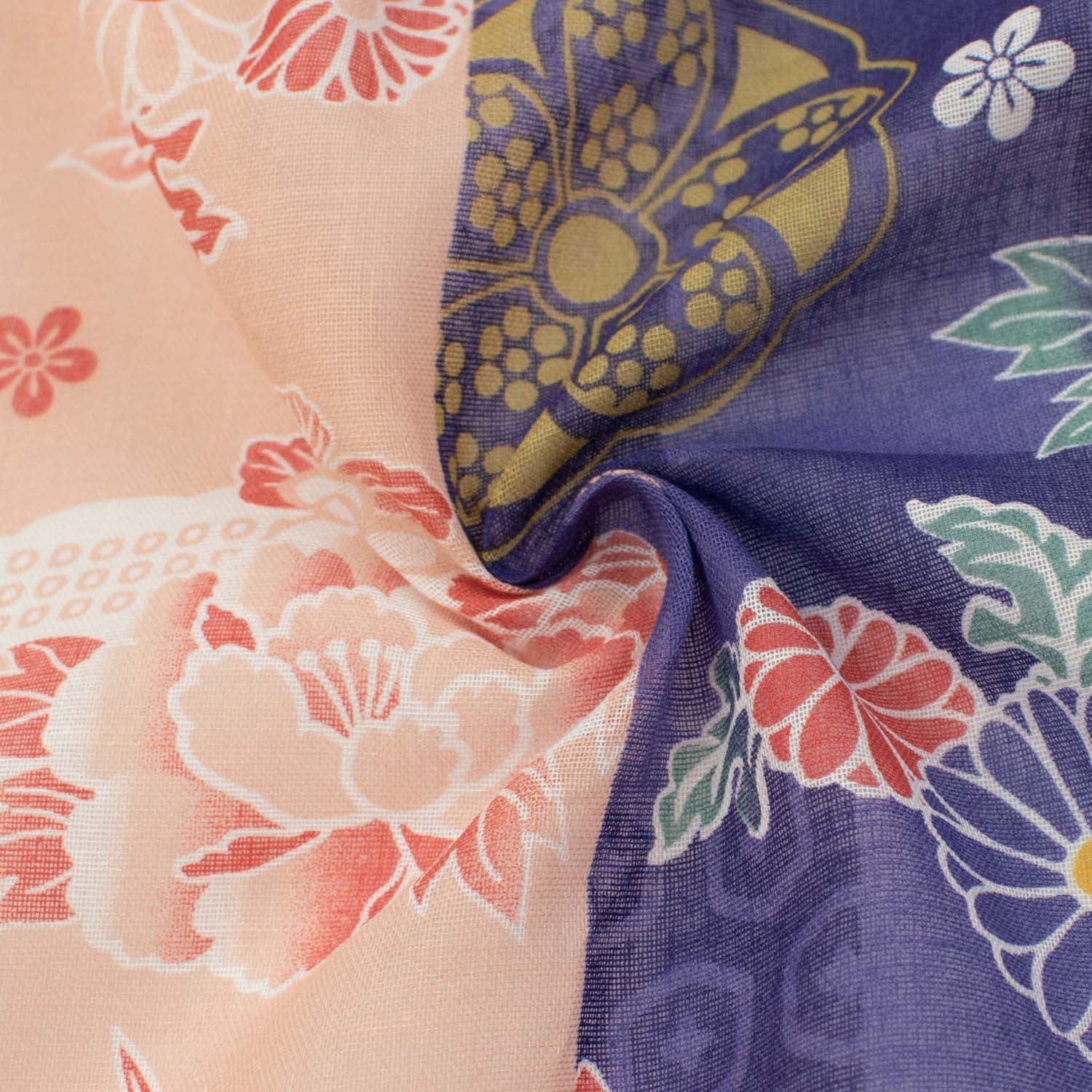 Border Printed Cotton Voile Design-4 Japanese Style Flowers on Purple Checks/Coral