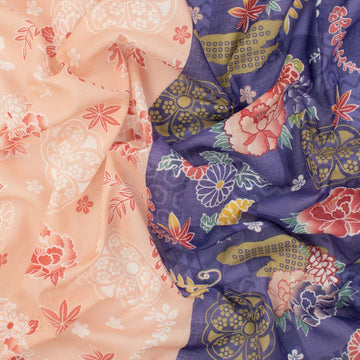 Border Printed Cotton Voile Design-4 Japanese Style Flowers on Purple Checks/Coral