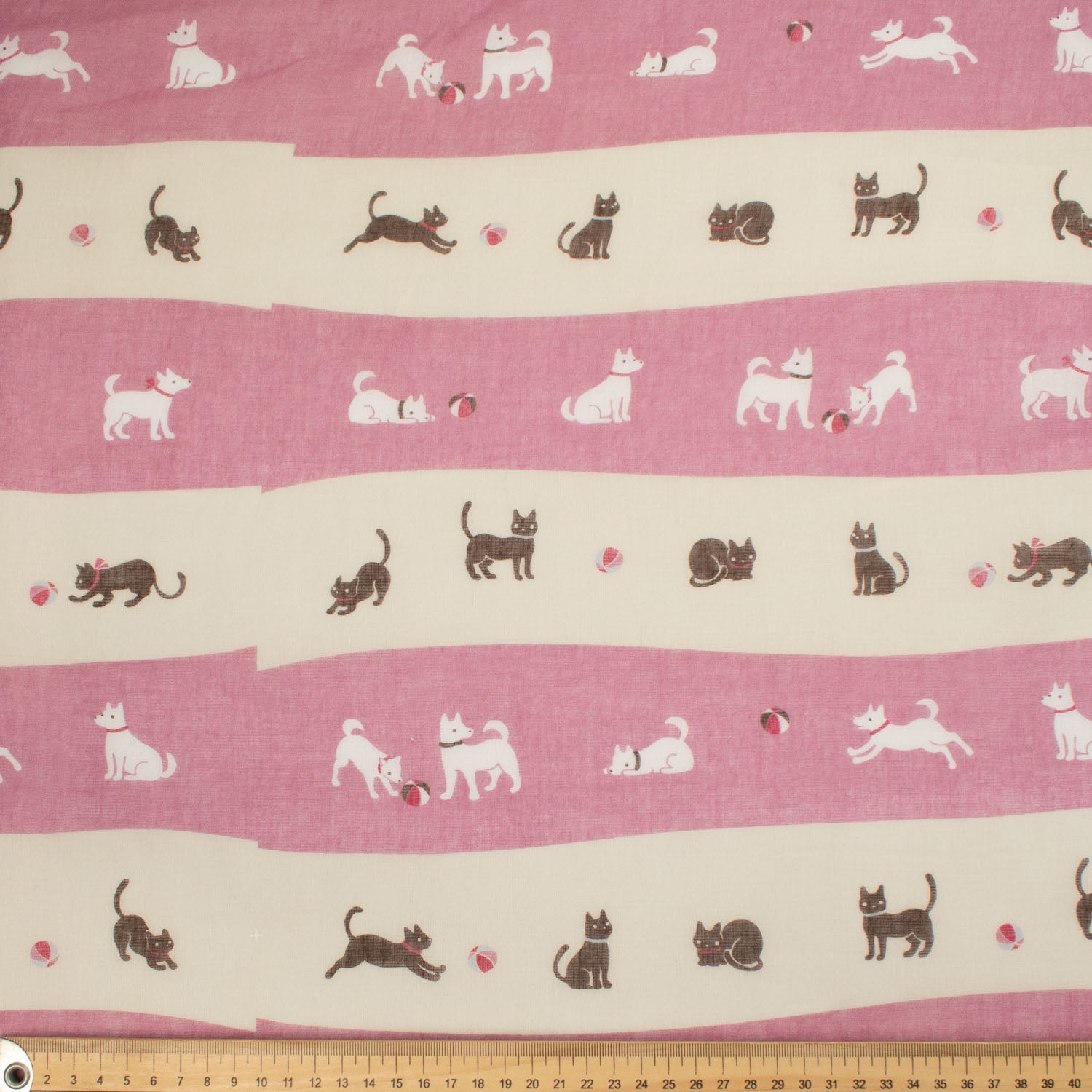 Border Printed Cotton Voile Design-12 Paw Stripes on Blue/Cats and Dogs on Pink & Cream Stripes