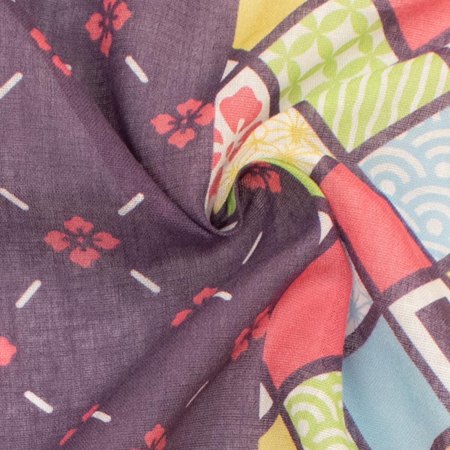 Border Printed Cotton Voile Design-2 Pink Floral Checks on Dusty Purple/Multi Colour Checks