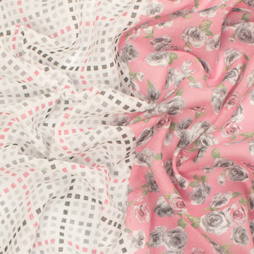 Border Printed Cotton Voile Design-15 Grey & Pink Checks/Grey Roses on Pink