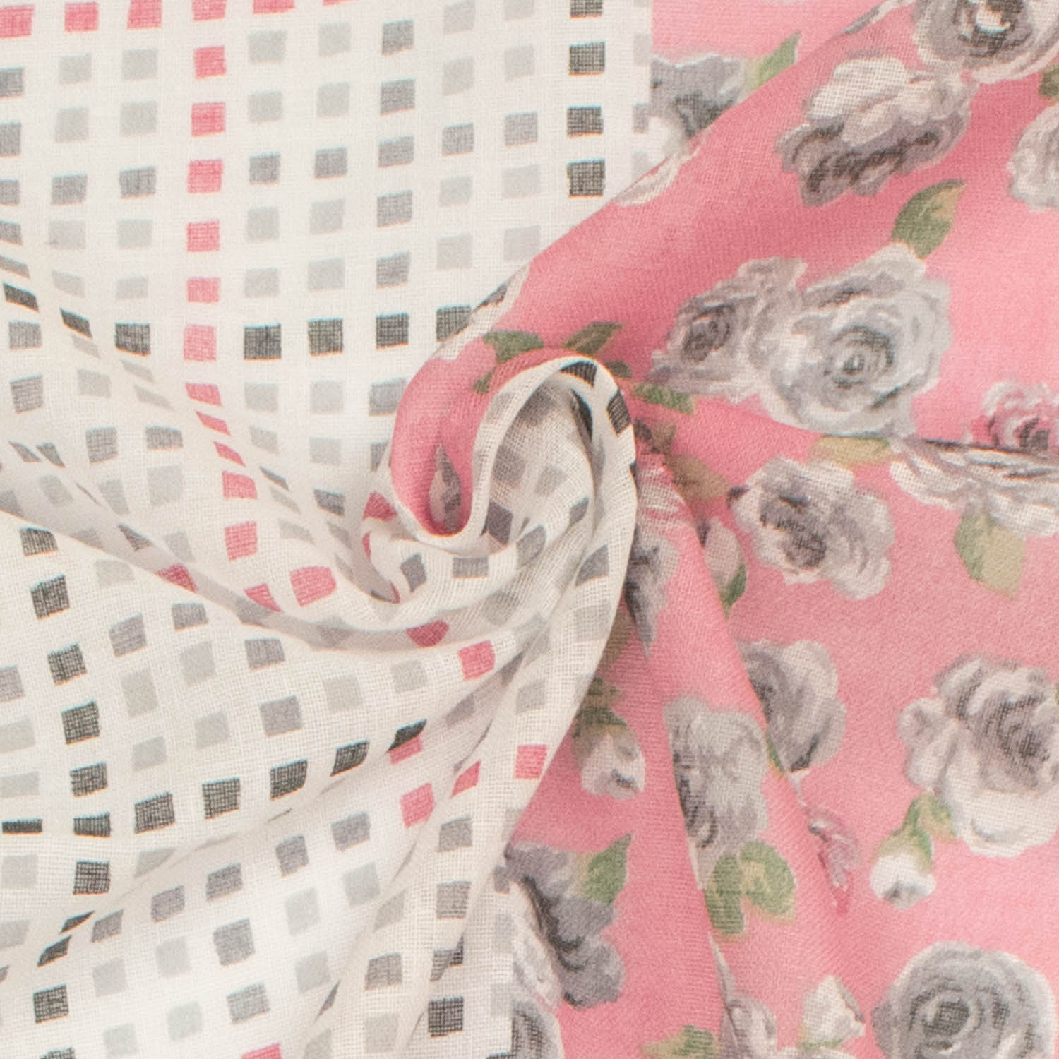 Border Printed Cotton Voile Design-15 Grey & Pink Checks/Grey Roses on Pink