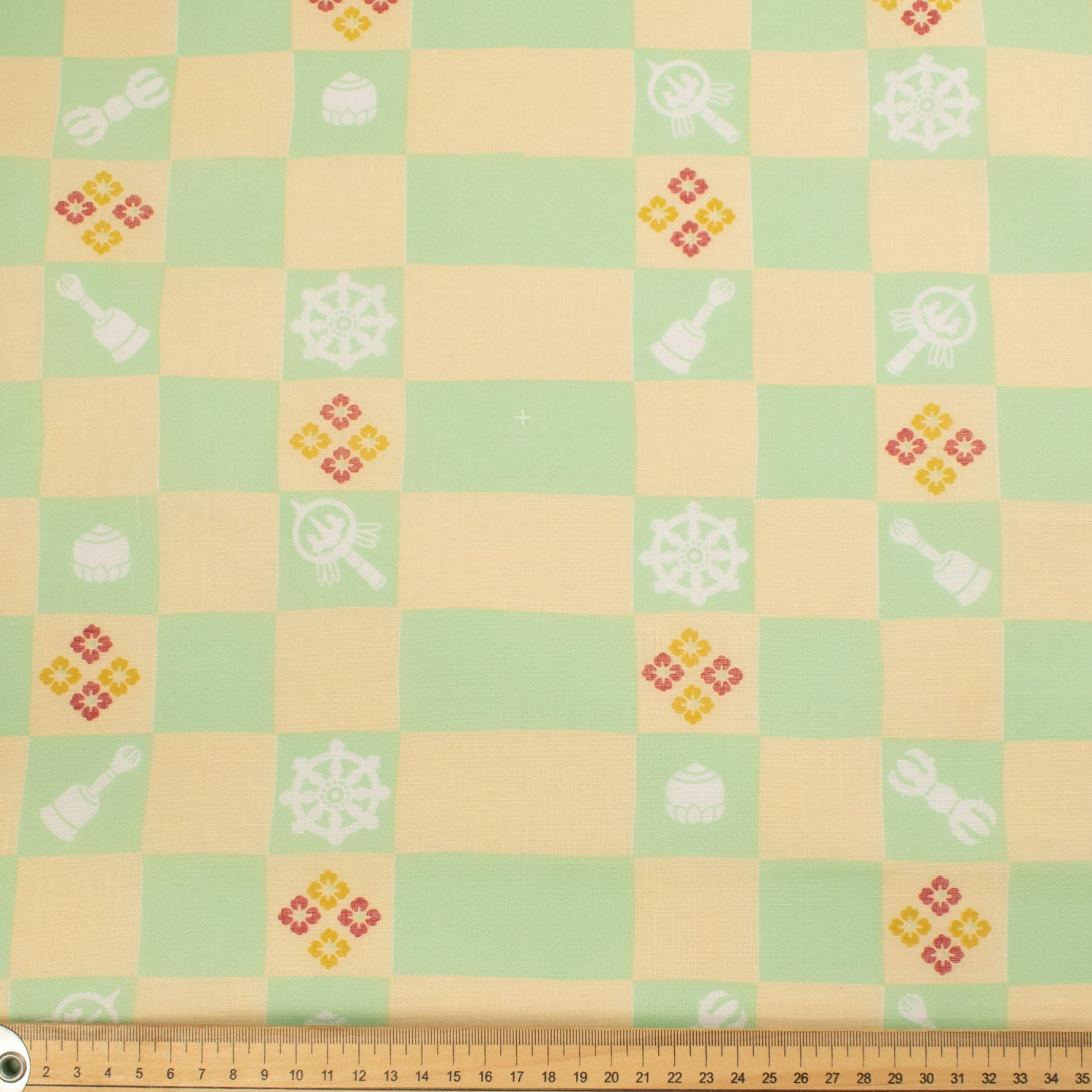 Border Printed Cotton Voile Design-1 Green & Yellow Checks /Japanese Cartoon on Yellow -90CM panel