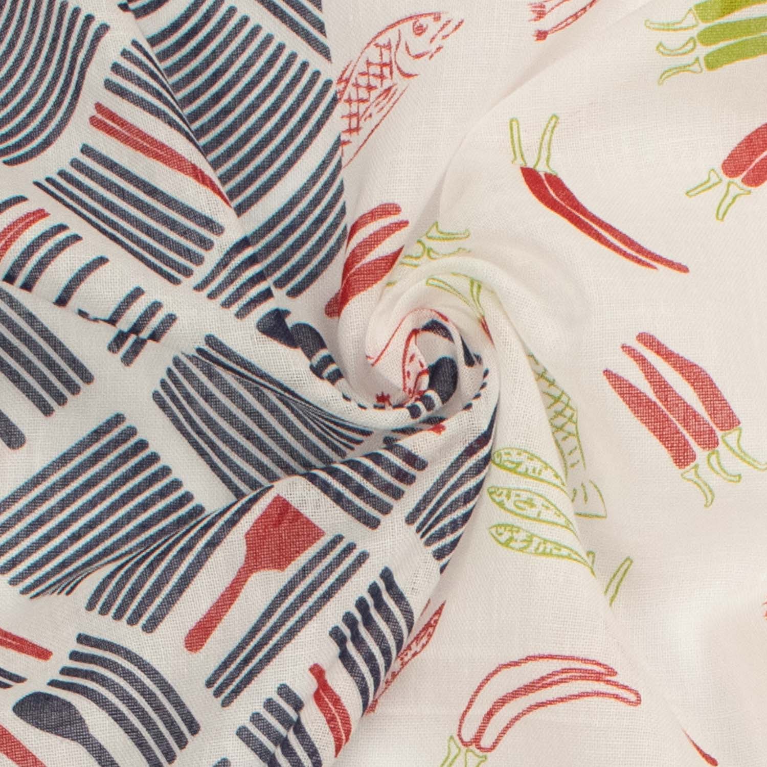 Border Printed Cotton Voile Design-23 Navy Tableware Checks on White/Red Chili & Fish on White