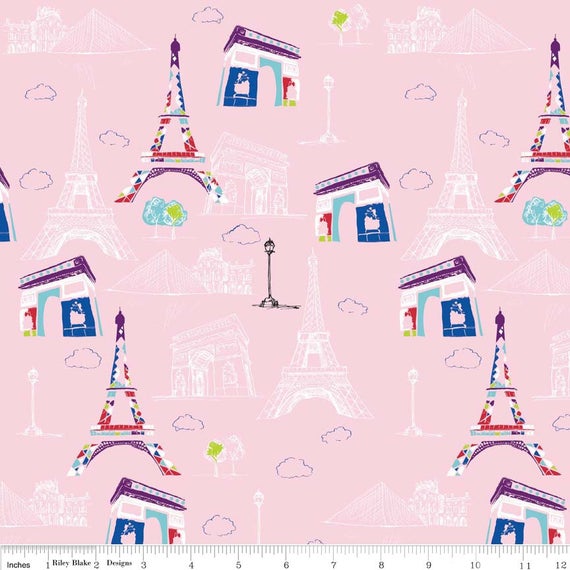 Riley Blake Designs Pepe in Paris Buildings on Pink Cotton Prints