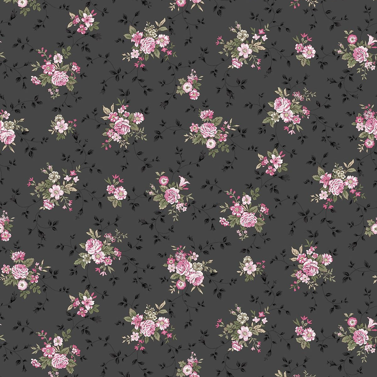 Stof Fabrics Juliet Roses Floral on Black Cotton Prints