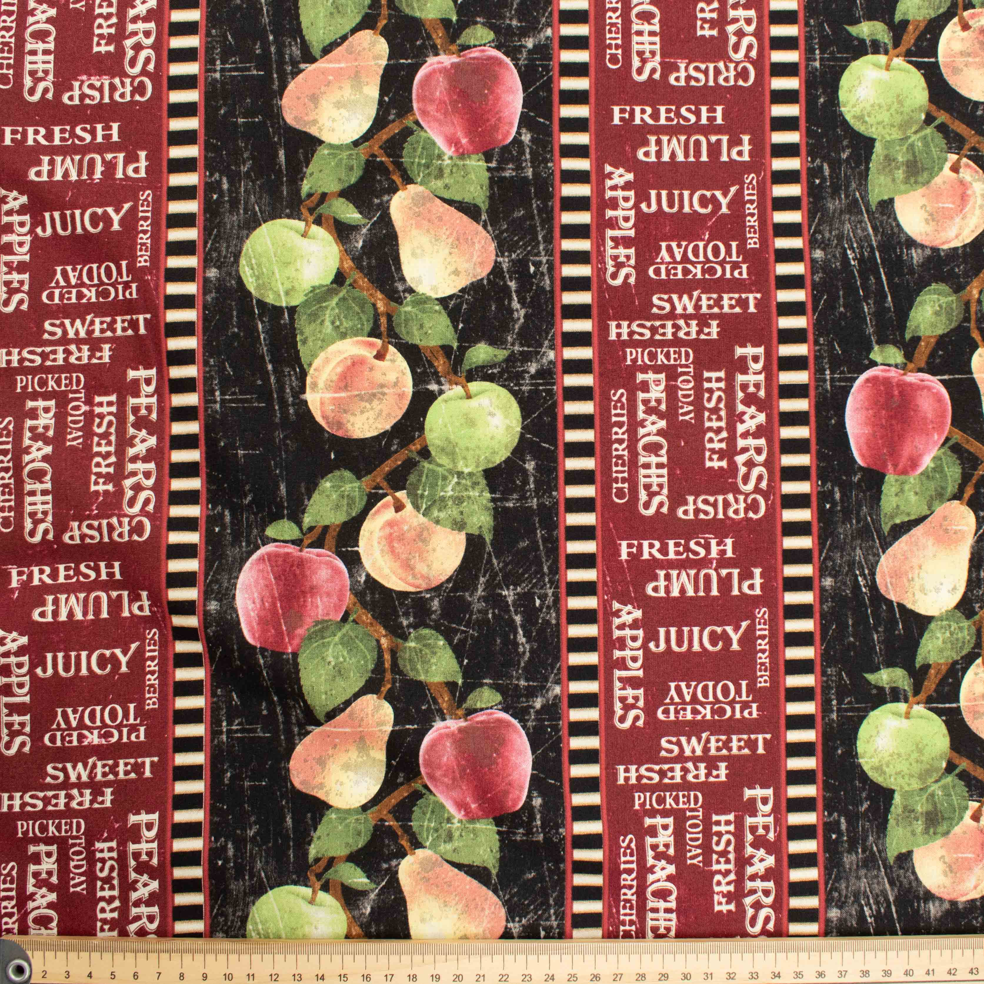 Wilmington Prints From the Market Fruit on Black With Red Stripes Cotton Prints